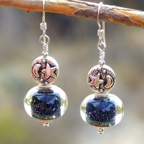 dark blue encased lampwork glass earrings gift for women