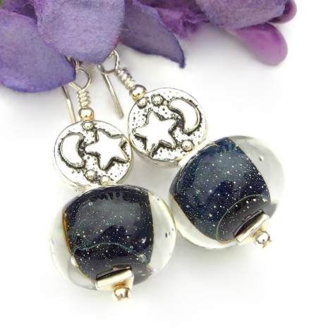 dark blue moon stars lampwork earrings celestial jewelry gift