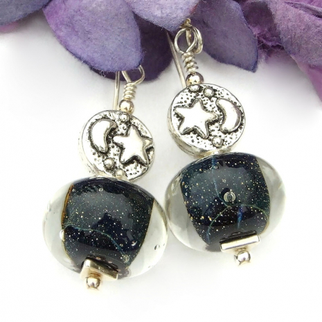 dark blue moon stars lampwork jewelry celestial earrings gift