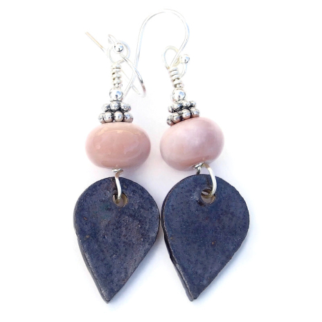 dark brown back side of pink flower ceramic earrings lampwork handmade