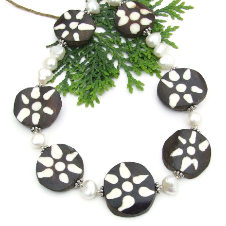 dark brown white handmade necklace tribal batik bone flower beads pearls
