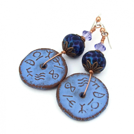 earrings handmade runes lampwork ceramic rustic purple jewelry