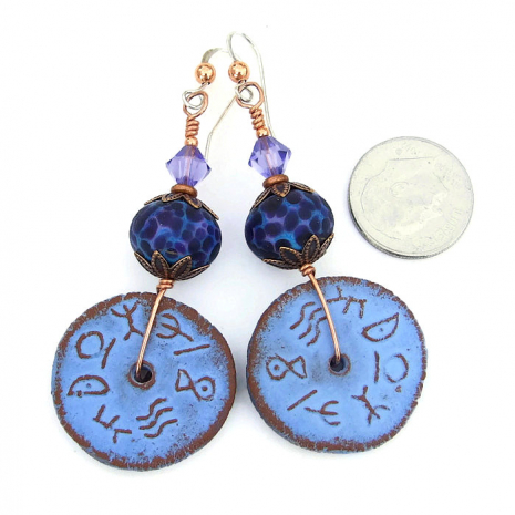 earrings handmade lampwork runes ceramic rustic purple jewelry shadowdogdesigns