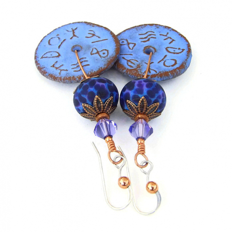 lampwork earrings handmade runes ceramic rustic purple jewelry