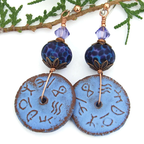 earrings lampwork handmade runes purple ceramic rustic jewelry