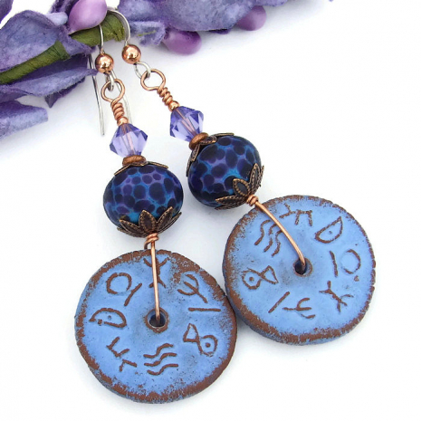 earrings lampwork handmade runes rustic purple jewelry ceramic