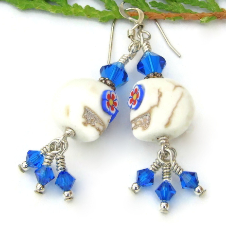 day of the dead halloween flower skull earrings handmade swarovski crystals
