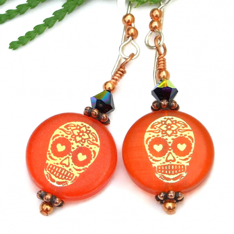 orange gold black sugar skull handmade earrings halloween day of the dead