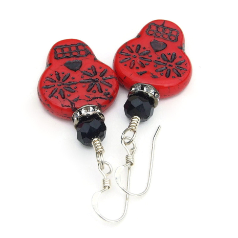day of the dead sugar skull jewelry halloween handmade red black