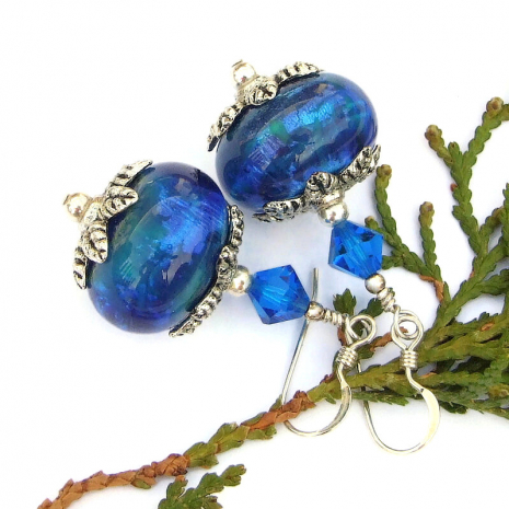 deep space inspired blue lampwork glass earrings swarovski crystals