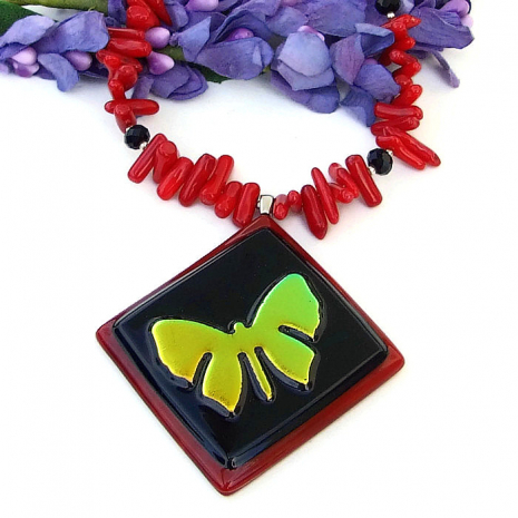 dichroic butterfly handmade necklace with red coral for women.