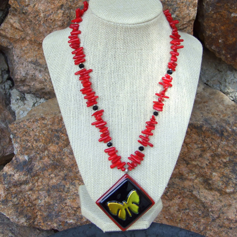 dichroic butterfly necklace with red coral and black onyx handmade jewelry