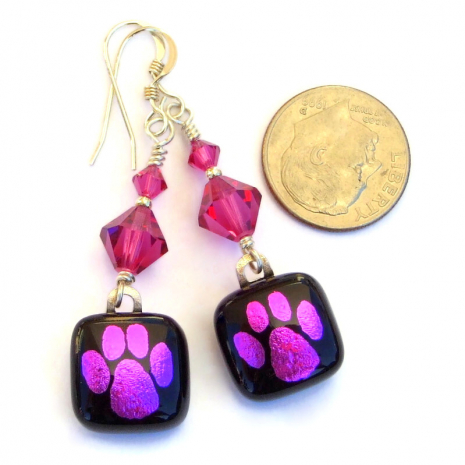 dichroic paw print earrings pink black swarovski crystals