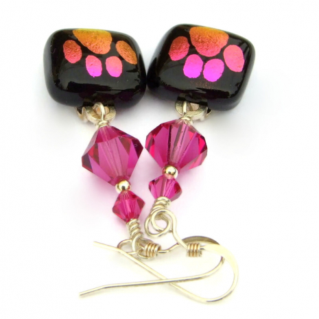 dichroic paw print jewelry pink black swarovski crystals
