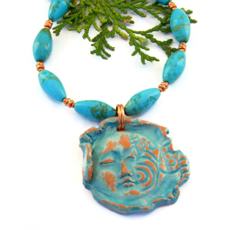 distressed terracotta peaceful face pendant jewelry handmade turquoise magnesite