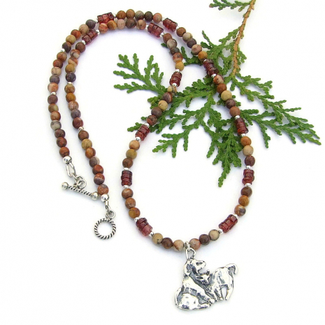 dog cat buddies handmade jewelry rhyolite red garnet pet lover necklace