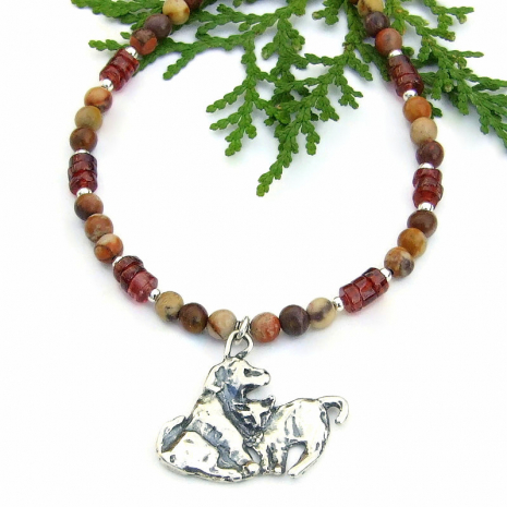 dog cat buddies handmade necklace rhyolite red garnet pet lover jewelry