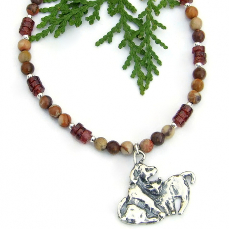 dog cat lover handmade necklace birdseye rhyolite red garnet