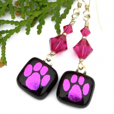 dog cat paw print earrings dichroic pink black