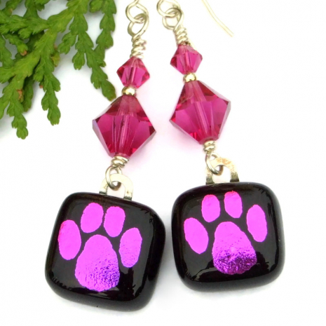 dog cat paw print jewelry dichroic pink black