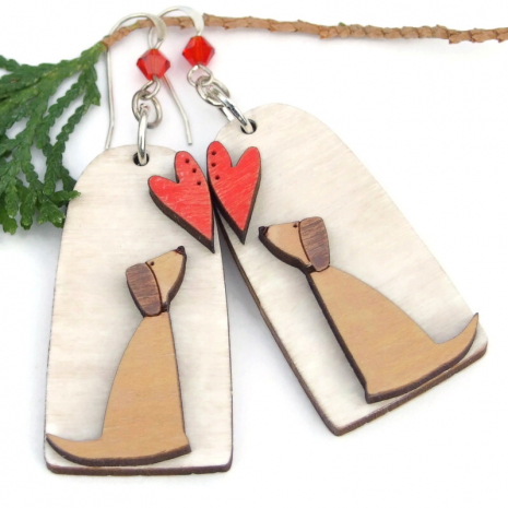 dog dogs lover earrings handmade lightweight wood red crystals
