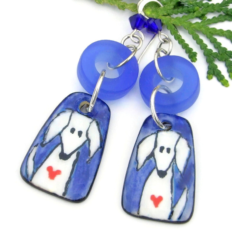 dog hearts earrings white blue red sea glass swarovski crystal handmade jewelry
