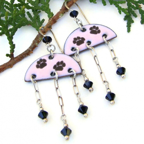 dog lover cat paw print earrings enamel swarovski crystals