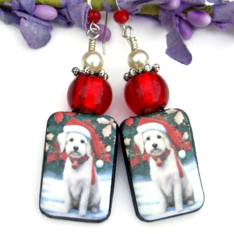 dog lover christmas earrings labradoodle puppy handmade red white santa hat