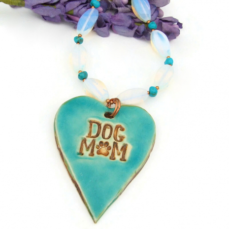 dog lover dog mom handmade heart pendant jewelry opalite real turquoise