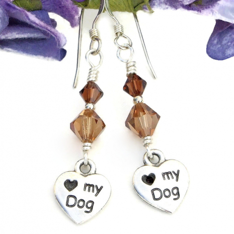 dog lover earrings handmade hearts paw prints brown swarovski crystals