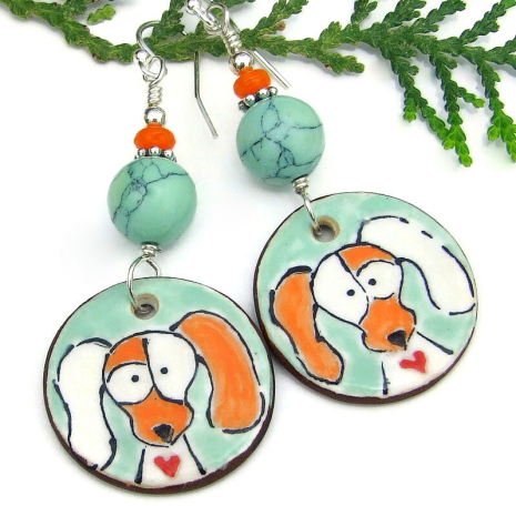 dog lover handmade earrings aqua orange white hand painted ceramic jewelry