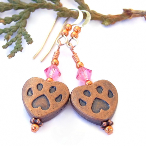 dog lover handmade earrings copper paw print