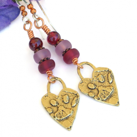 dog lover handmade earrings rustic paw print heart bronze garnet