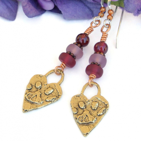 dog lover handmade jewelry rustic paw print heart bronze garnet