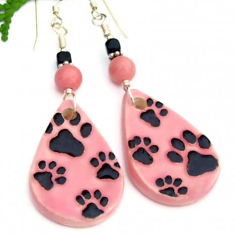 dog lover handmade paw print earrings black onyx pink rhodonite jewelry