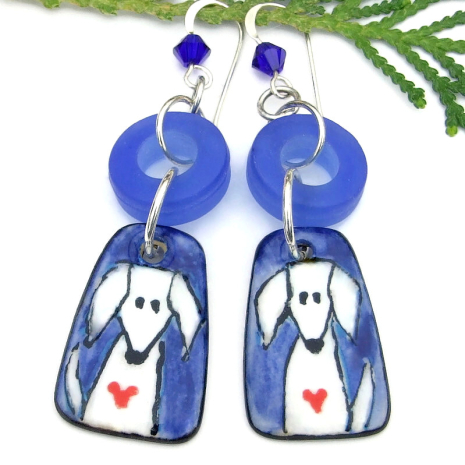dog lover hearts earrings boho handmade ceramic blue sea glass swarovski