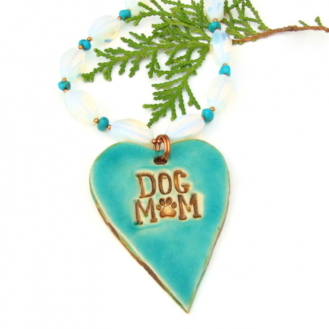 dog lover paw print heart handmade necklace opalite turquoise