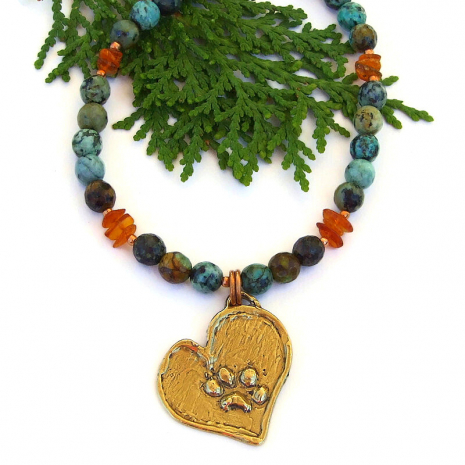 dog lover paw print heart necklace african turquoise amber