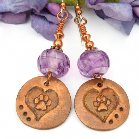 dog lover paw prints heart handmade earrings jewelry purple lampwork copper