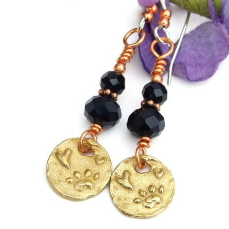 dog lover paw prints hearts earrings handmade rustic bronze black onyx