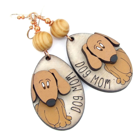 dog mom earrings handmade gift for women laser cut wood lightweight
