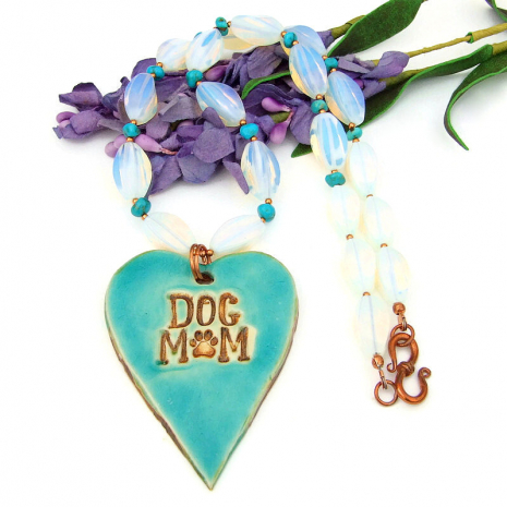 dog mom paw print heart handmade pendant necklace opalite turquoise copper