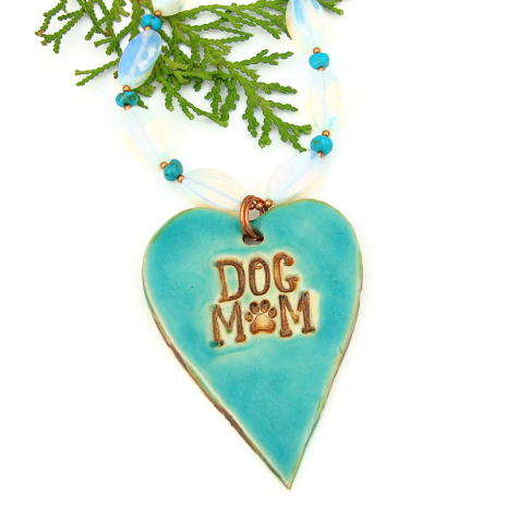 dog mom paw print heart pendant jewelry opalite turquoise copper handmade