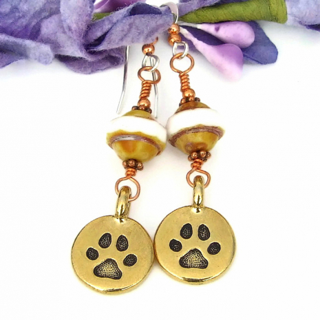 Dog Paw Print Earrings, Gold Pewter Handmade Jewelry Gift Women