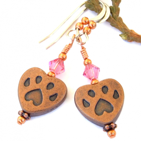 dog paw print handmade earrings copper pink Swarovski crystals dog lover gift