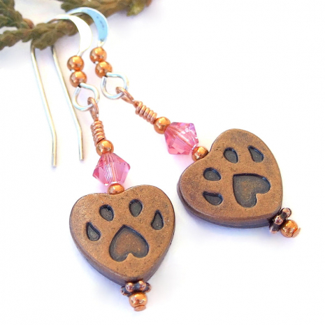 dog paw print handmade jewelry copper pink Swarovski crystals dog lover gift