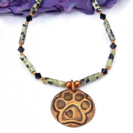 dog paw print heart dalmatioan jasper necklace handmade