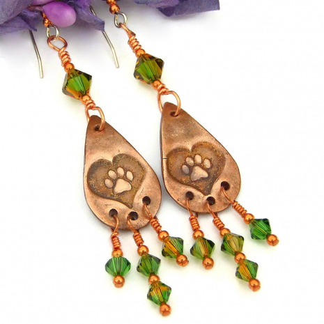 dog paw print heart earrings handmade jewelry swarovski crystals green topaz