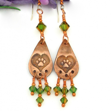 dog paw print heart jewelry handmade earrings swarovski crystals green topaz