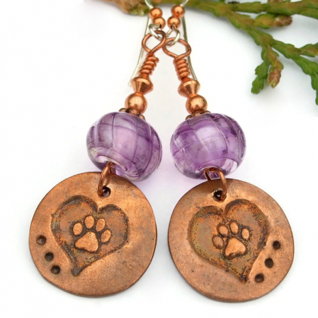 dog paw print hearts handmade earrings purple lampwork dog lover jewelry